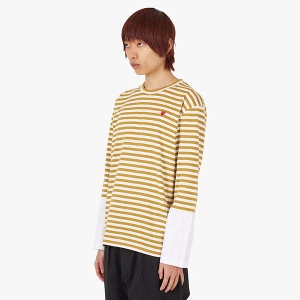 COMME des GAR ONS PLAY Red Heart Striped Long Sleeve T shirt Olive