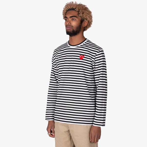 COMME des GARCONS PLAY Red Heart Striped Long Sleeve T shirt Black W Livestock