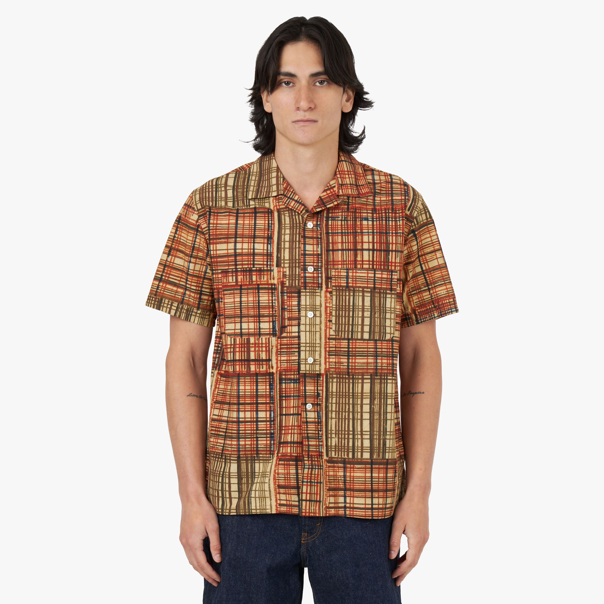 BEAMS PLUS Open Collar Short Sleeve Shirt Block Print / Plaid