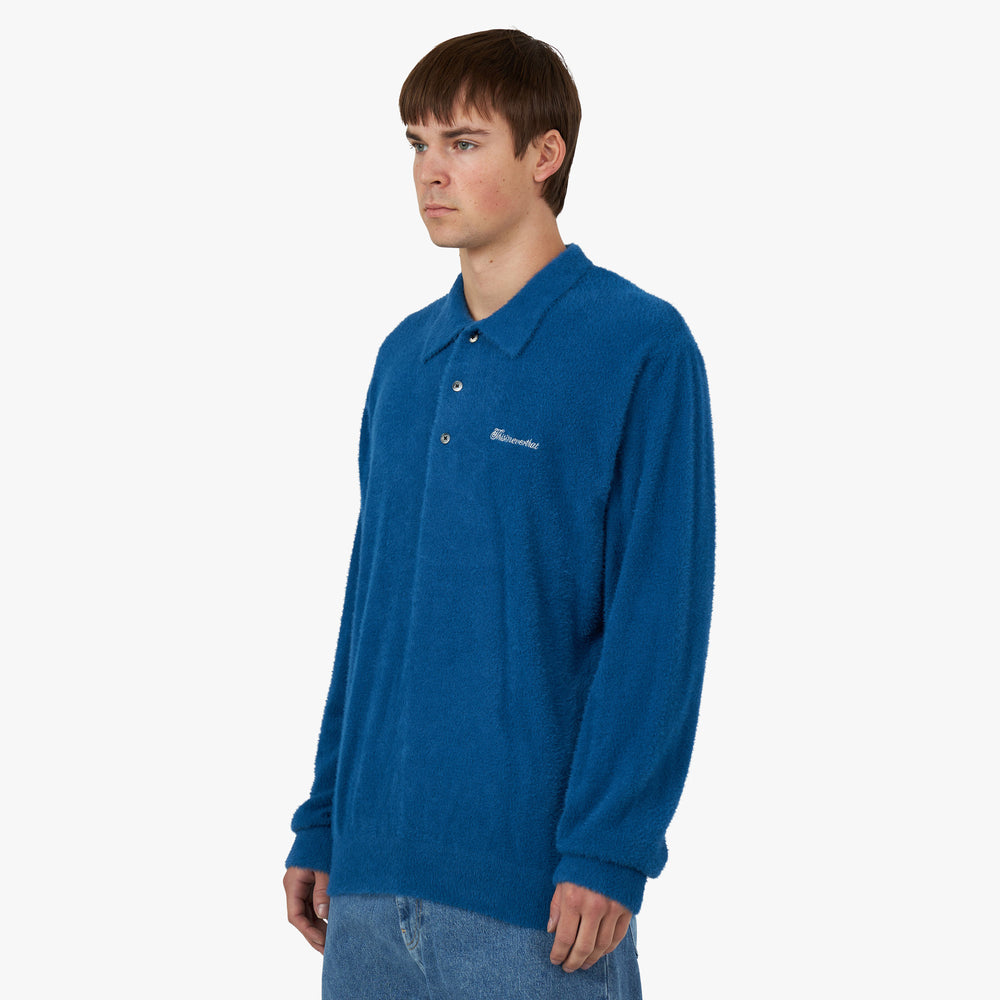 thisisneverthat Script Shaggy Knit Polo Shirt / Blue – Livestock