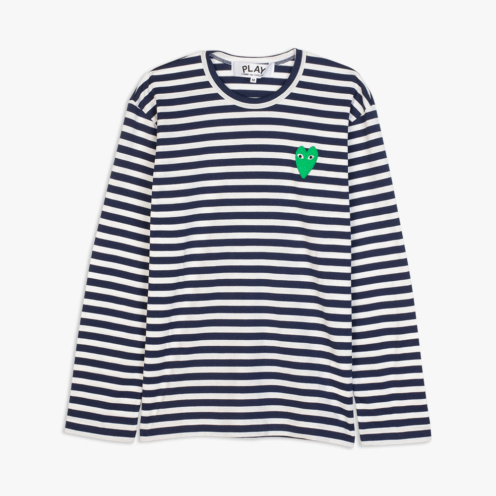 COMME des GARCONS PLAY Green Heart Striped Long Sleeve T Shirt Navy Livestock