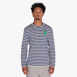 COMME des GARÇONS PLAY Green Heart Striped Long Sleeve T-Shirt Navy / White 1