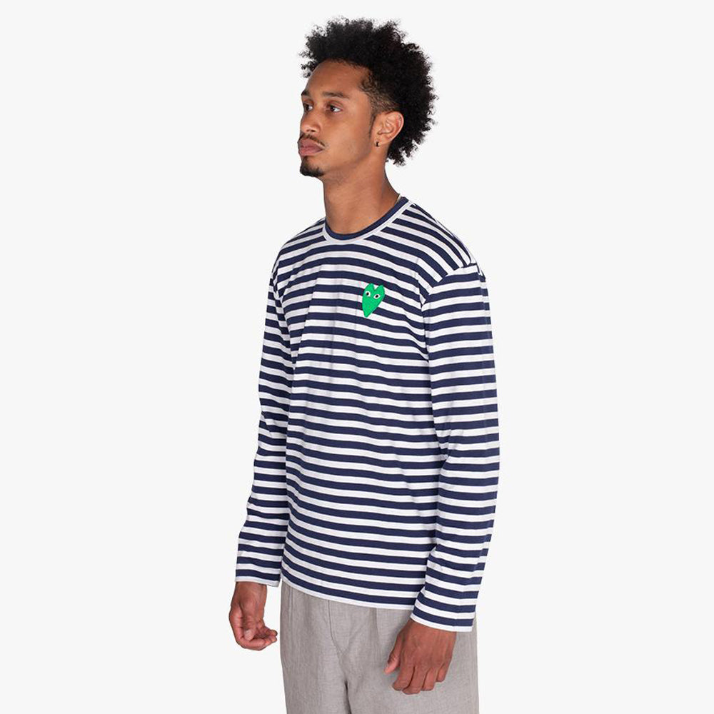 COMME des GAR ONS PLAY Green Heart Striped Long Sleeve T Shirt Navy White