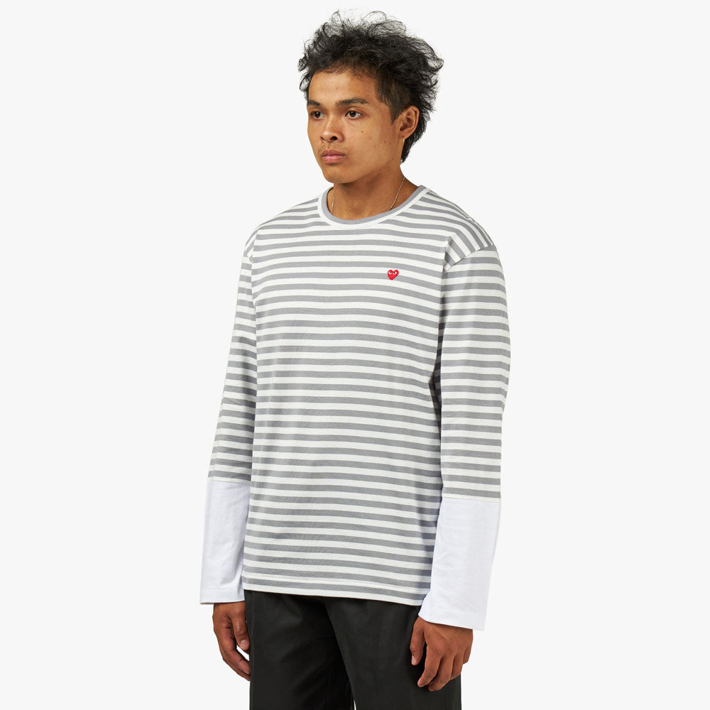 COMME des GARCONS PLAY Small Red Heart Striped White Sleeve T Shirt Grey White