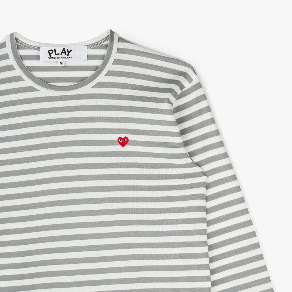 COMME des GARCONS PLAY Small Red Heart Striped White Sleeve T Shirt Grey White