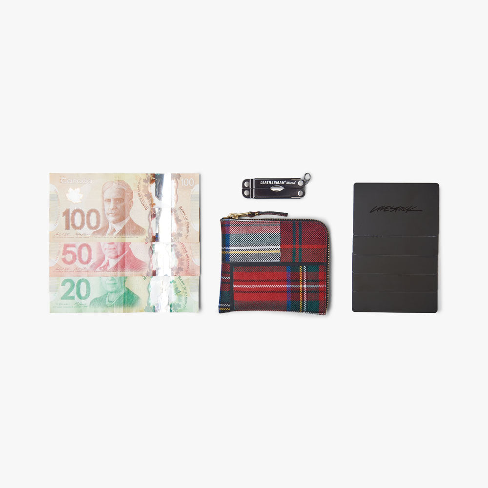 COMME des GAR ONS WALLET Tartan Patchwork Half Zip Wallet Red